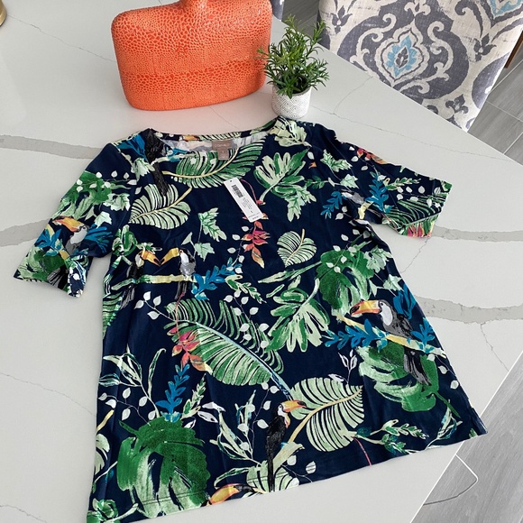 NWT Chicos Cotton Modal Navy Print Elbow Sleeve Tee Sz M - Picture 1 of 8